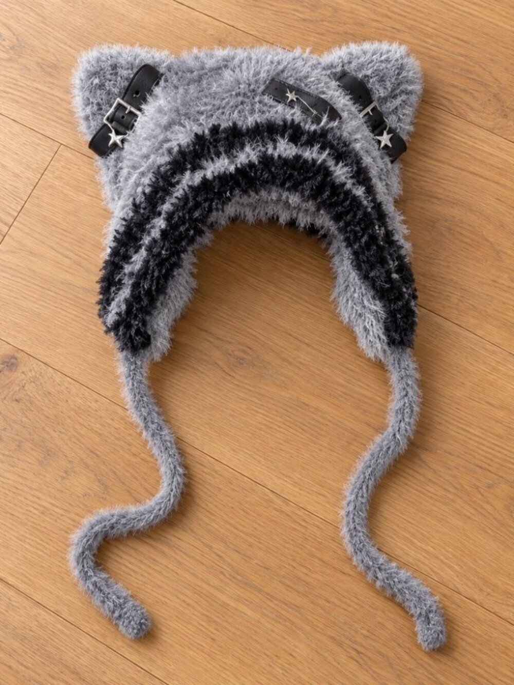 Grey fuzzy cat ear beanie with buckle straps - y2k grunge emo cat hat